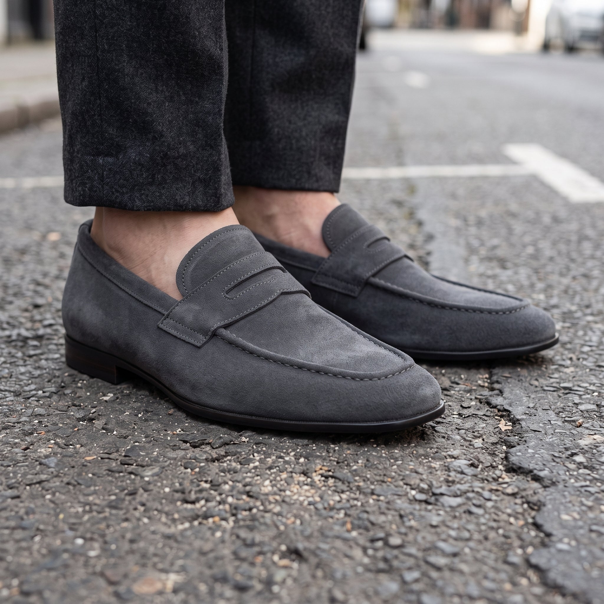 Men's Dark Grey Suede Apron-Toe Penny Loafers — Armley