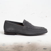 Men's Dark Grey Suede Apron-Toe Penny Loafers — Armley