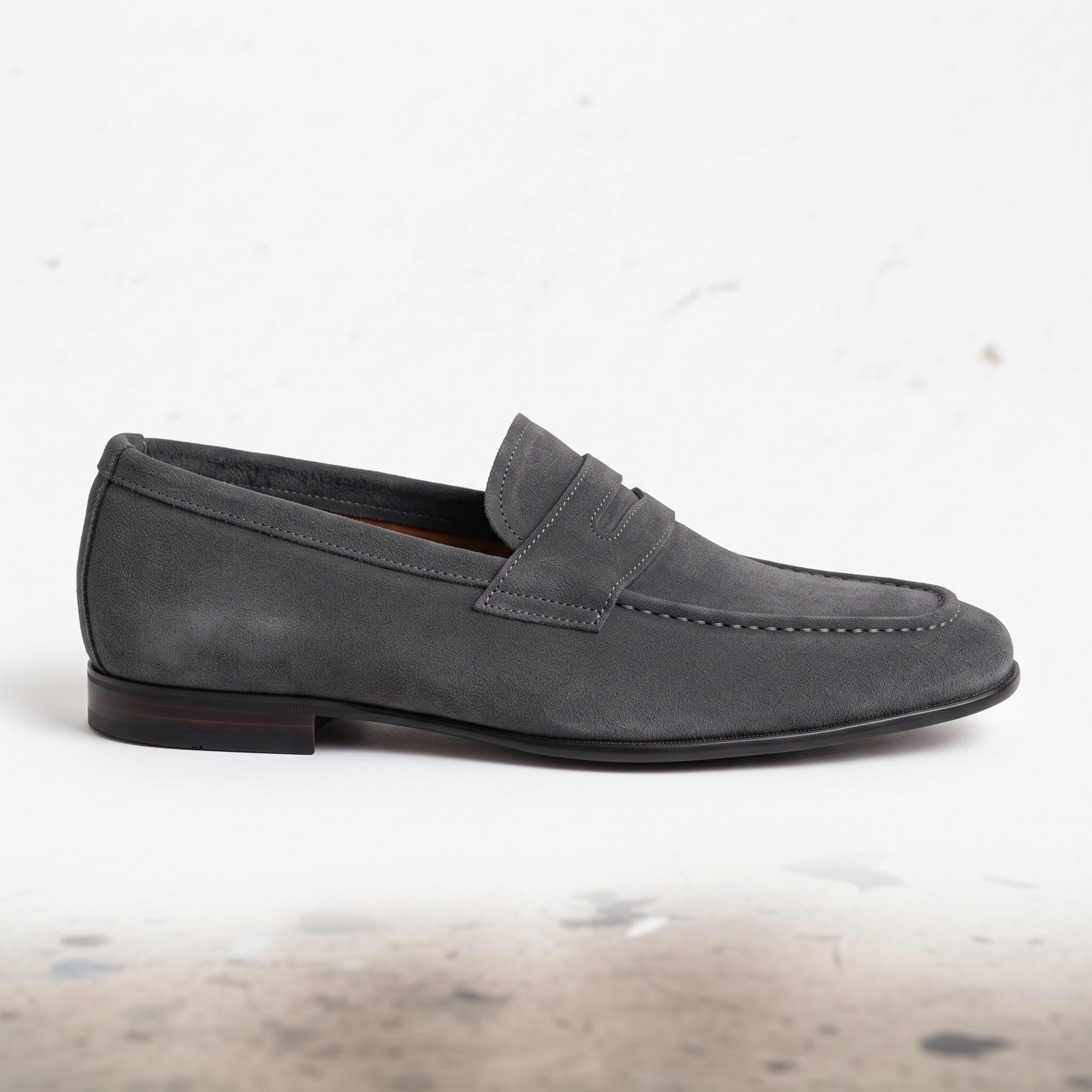 Men's Dark Grey Suede Apron-Toe Penny Loafers — Armley