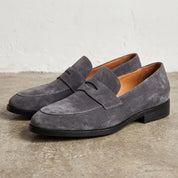 Men's Dark Grey Suede Penny Loafers — Hepworth