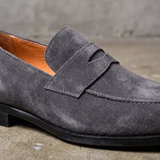 Men's Dark Grey Suede Penny Loafers — Hepworth