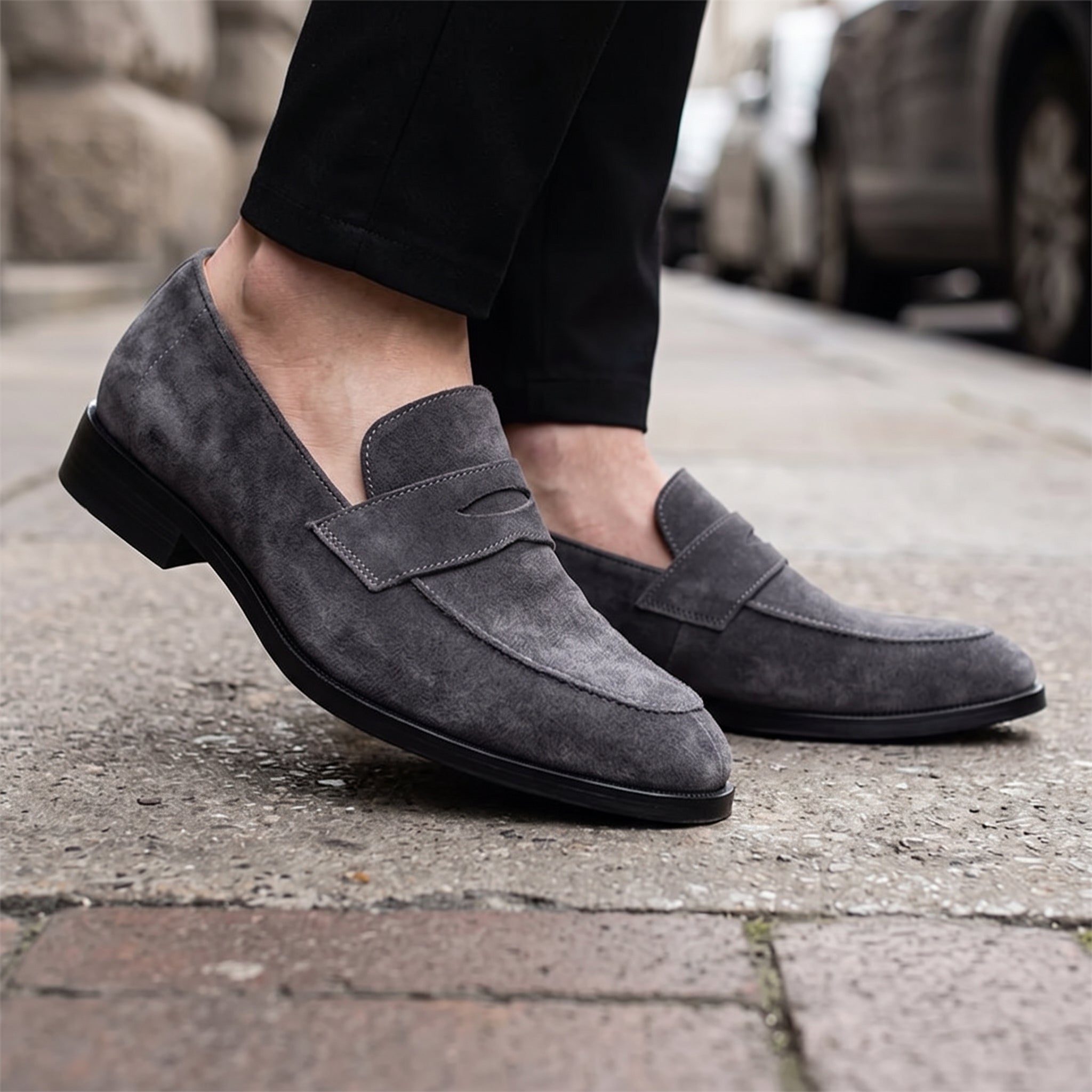 Men's Dark Grey Suede Penny Loafers — Hepworth