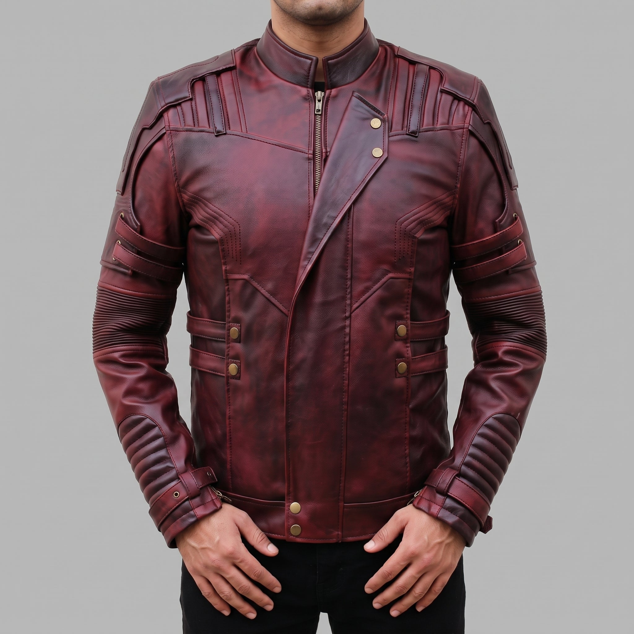 Men's Dark Red Leather Biker Jacket — Davenham
