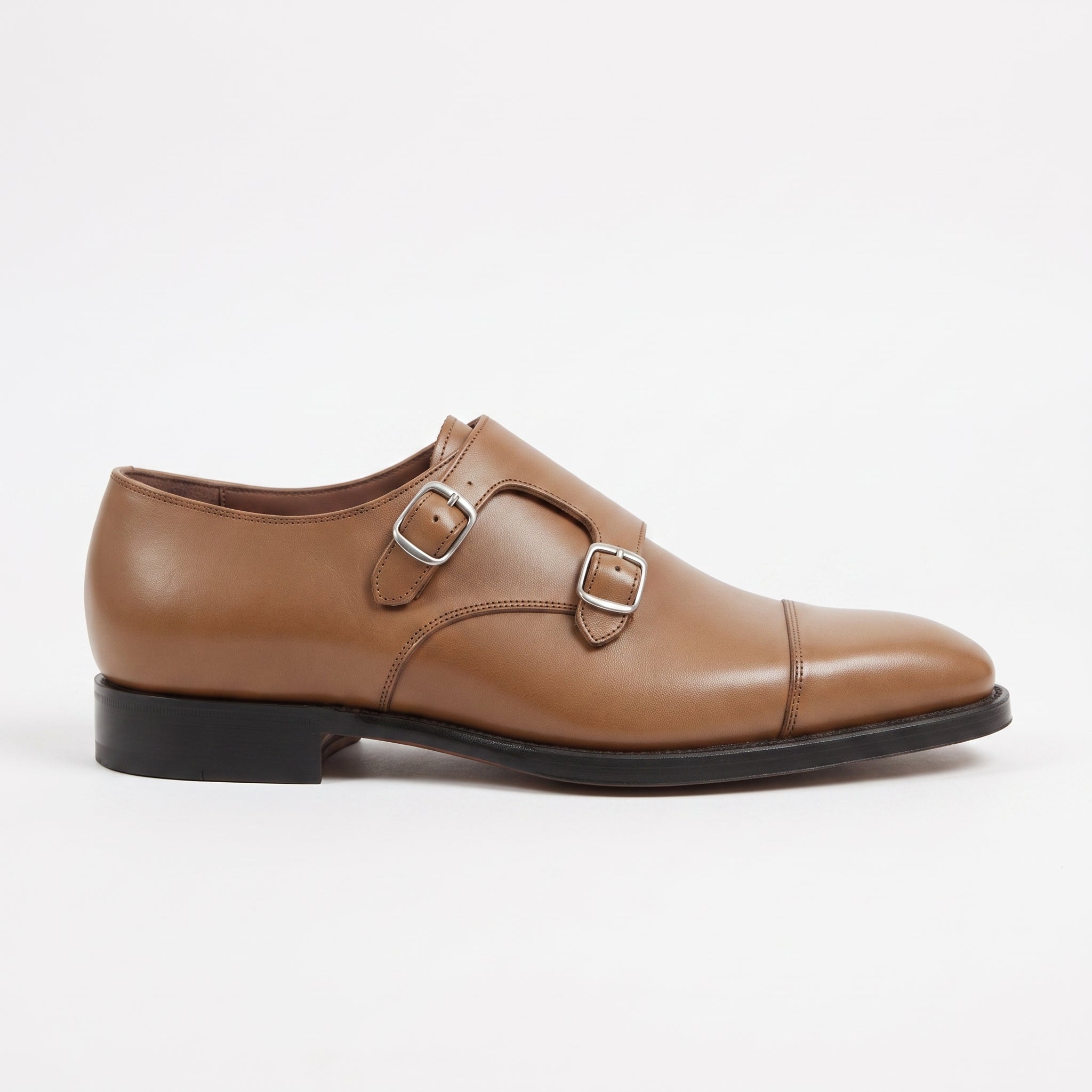 Men's Dark Tan Cap-Toe Leather Double Monk Strap Shoes — Albemarle