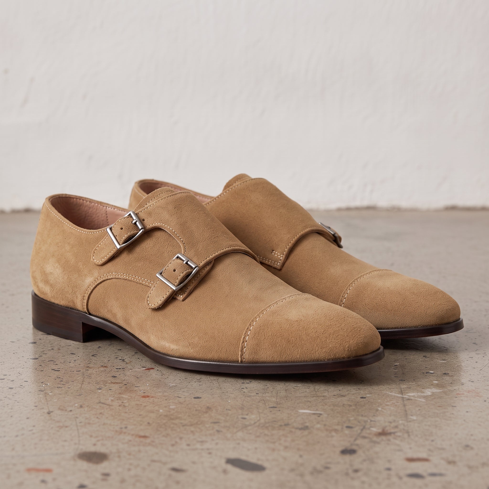 Men's Dark Tan Cap-Toe Suede Double Monk Strap Shoes — Worthington