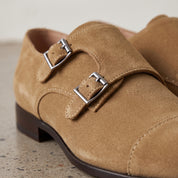 Men's Dark Tan Cap-Toe Suede Double Monk Strap Shoes — Worthington