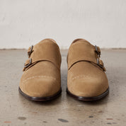 Men's Dark Tan Cap-Toe Suede Double Monk Strap Shoes — Worthington