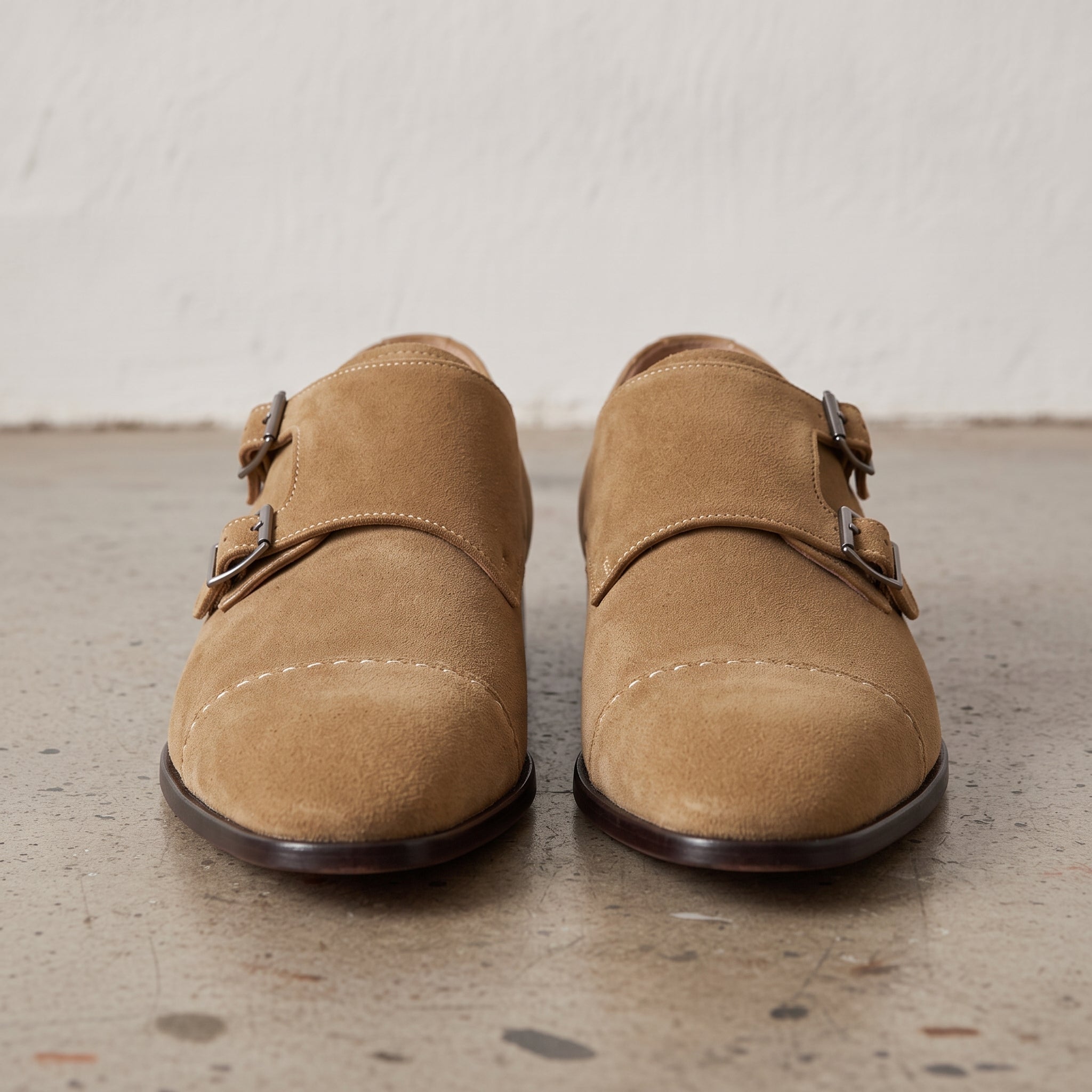 Men's Dark Tan Cap-Toe Suede Double Monk Strap Shoes — Worthington