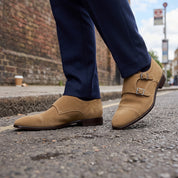 Men's Dark Tan Cap-Toe Suede Double Monk Strap Shoes — Worthington