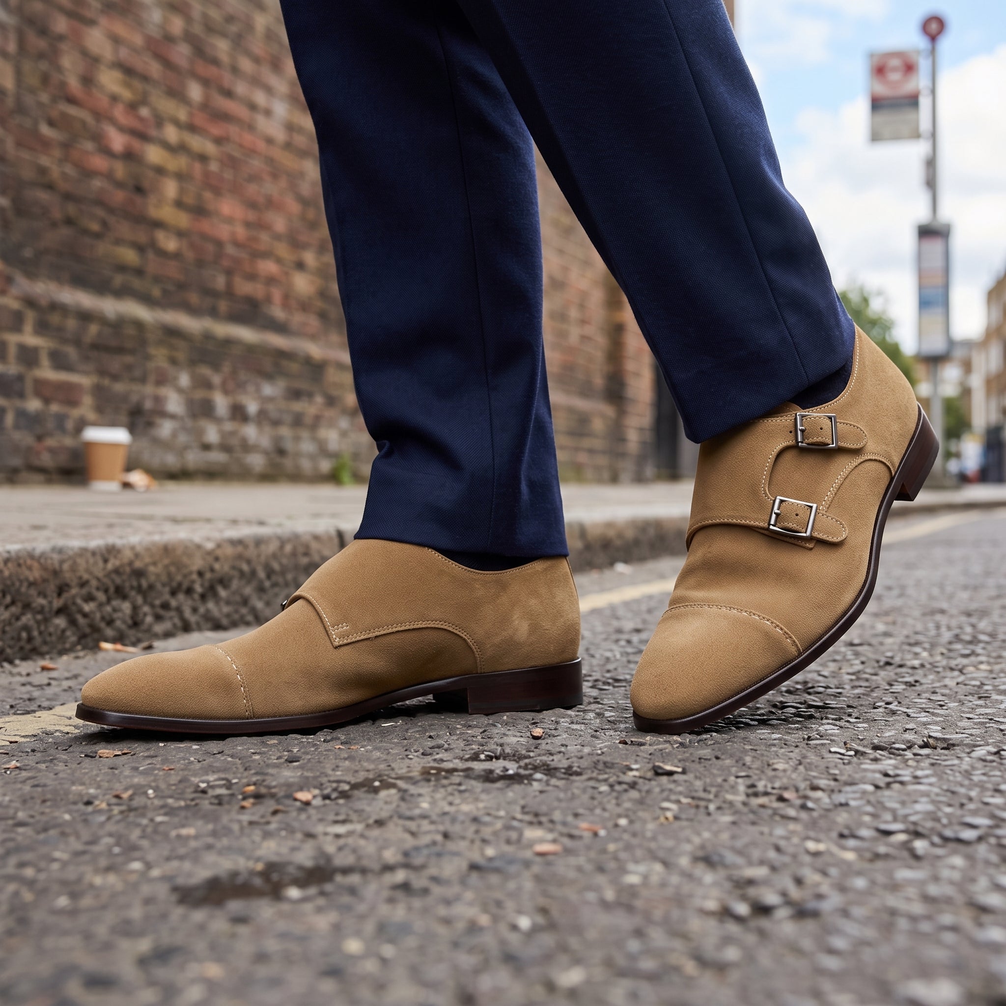 Men's Dark Tan Cap-Toe Suede Double Monk Strap Shoes — Worthington