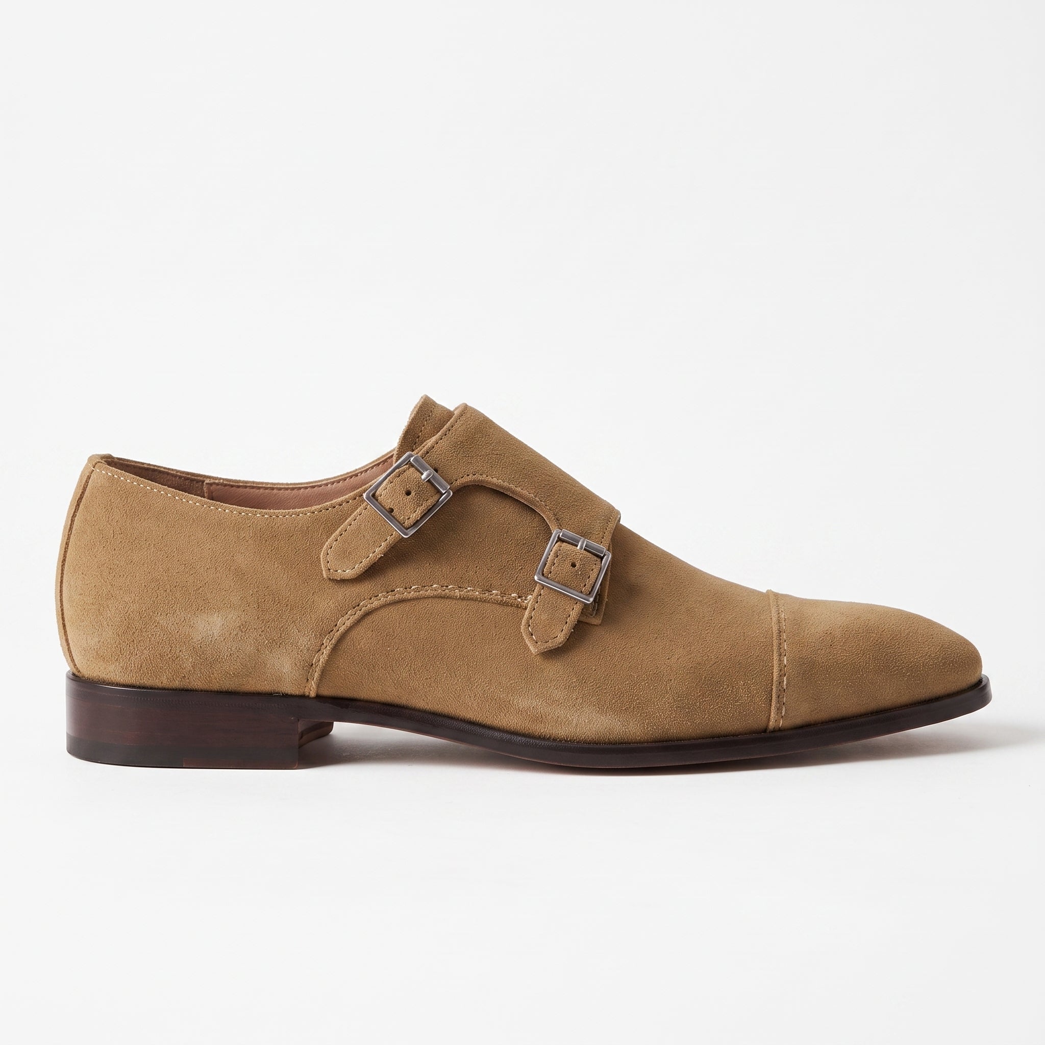 Men's Dark Tan Cap-Toe Suede Double Monk Strap Shoes — Worthington