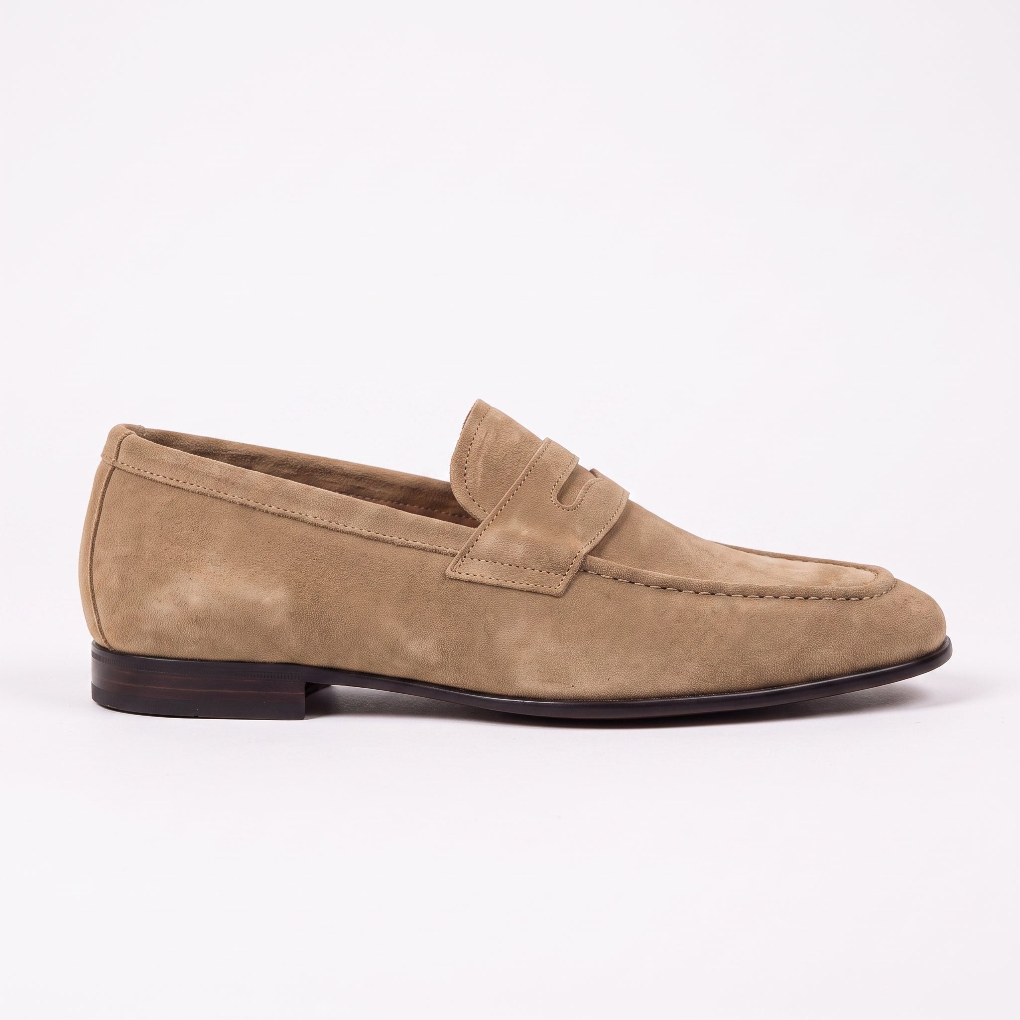 Men's Dark Tan Suede Apron-Toe Penny Loafers — Armley