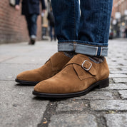 Men's Dark Tan Suede Monk Strap Shoes — Balderton