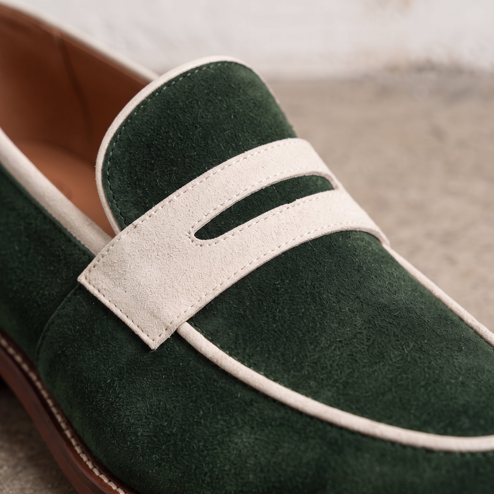 Men's Forest Green and Cream Suede Penny Loafers — Hagley