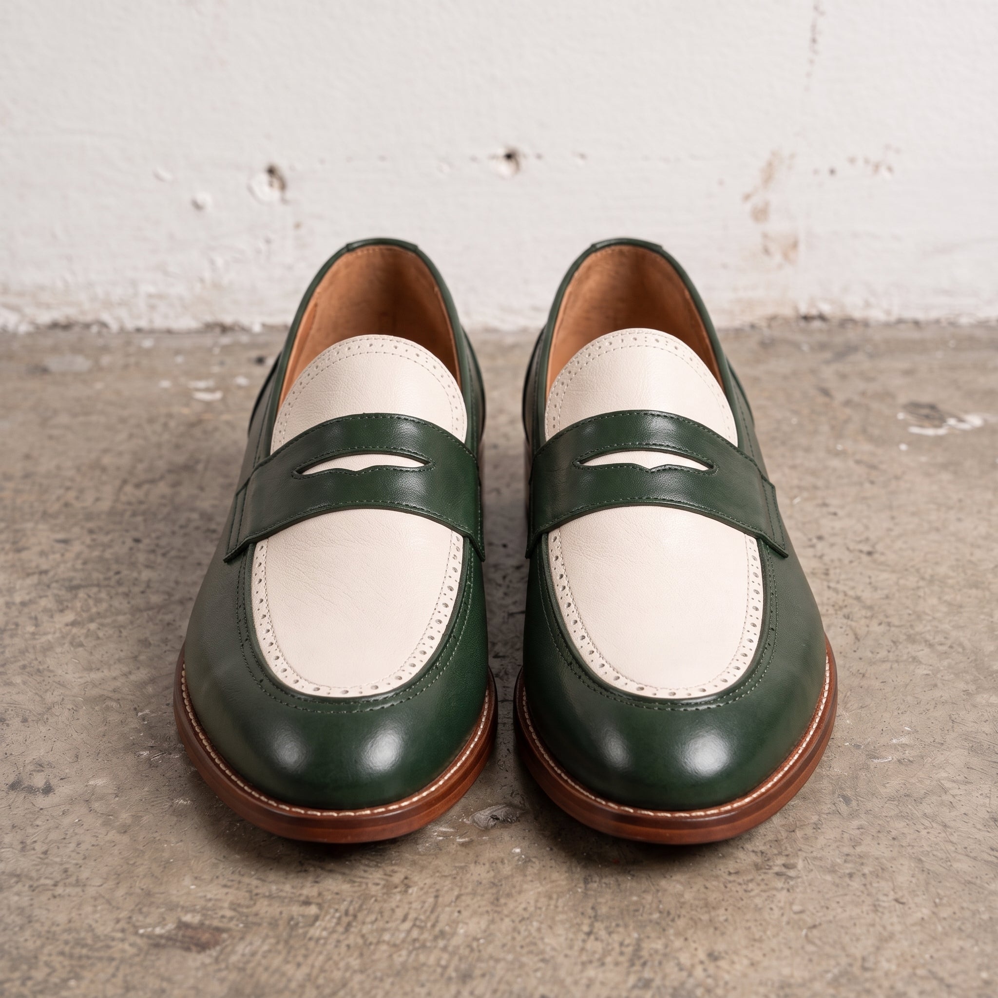 Men's Green and Cream Two-Tone Leather Apron-Toe Penny Loafers — Acridge