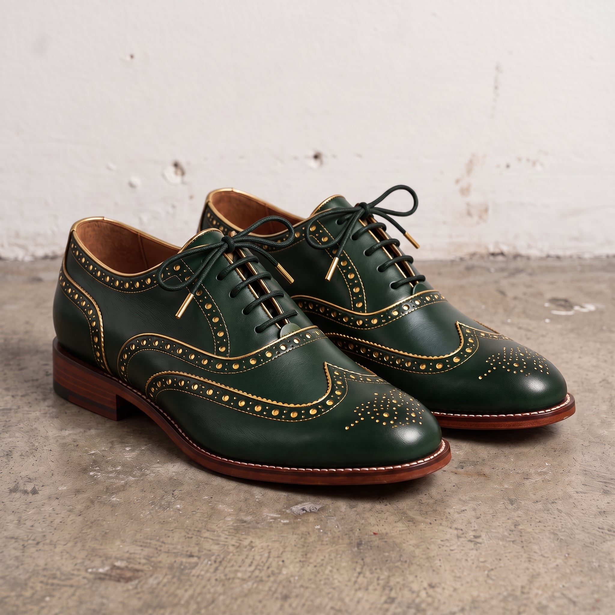 Men's Green and Gold Wingtip Leather Brogues — Actorne