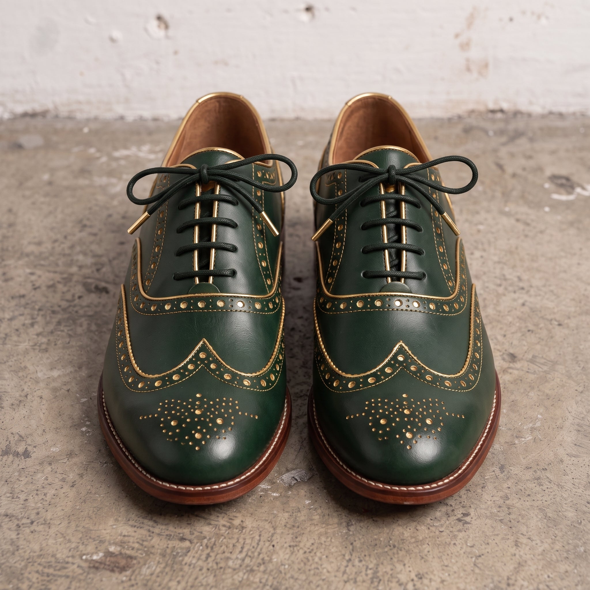 Men's Green and Gold Wingtip Leather Brogues — Actorne