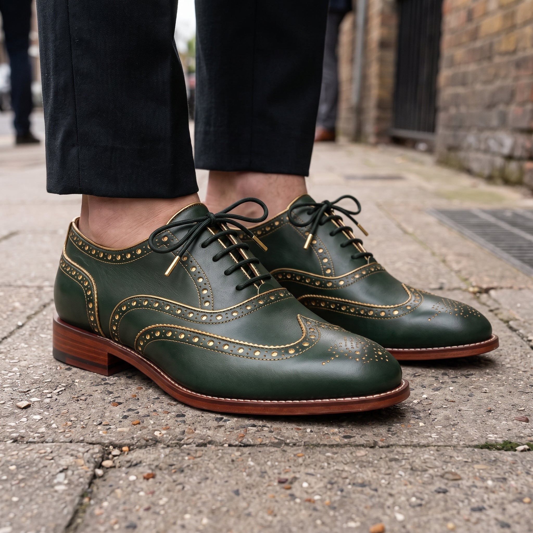 Men's Green and Gold Wingtip Leather Brogues — Actorne