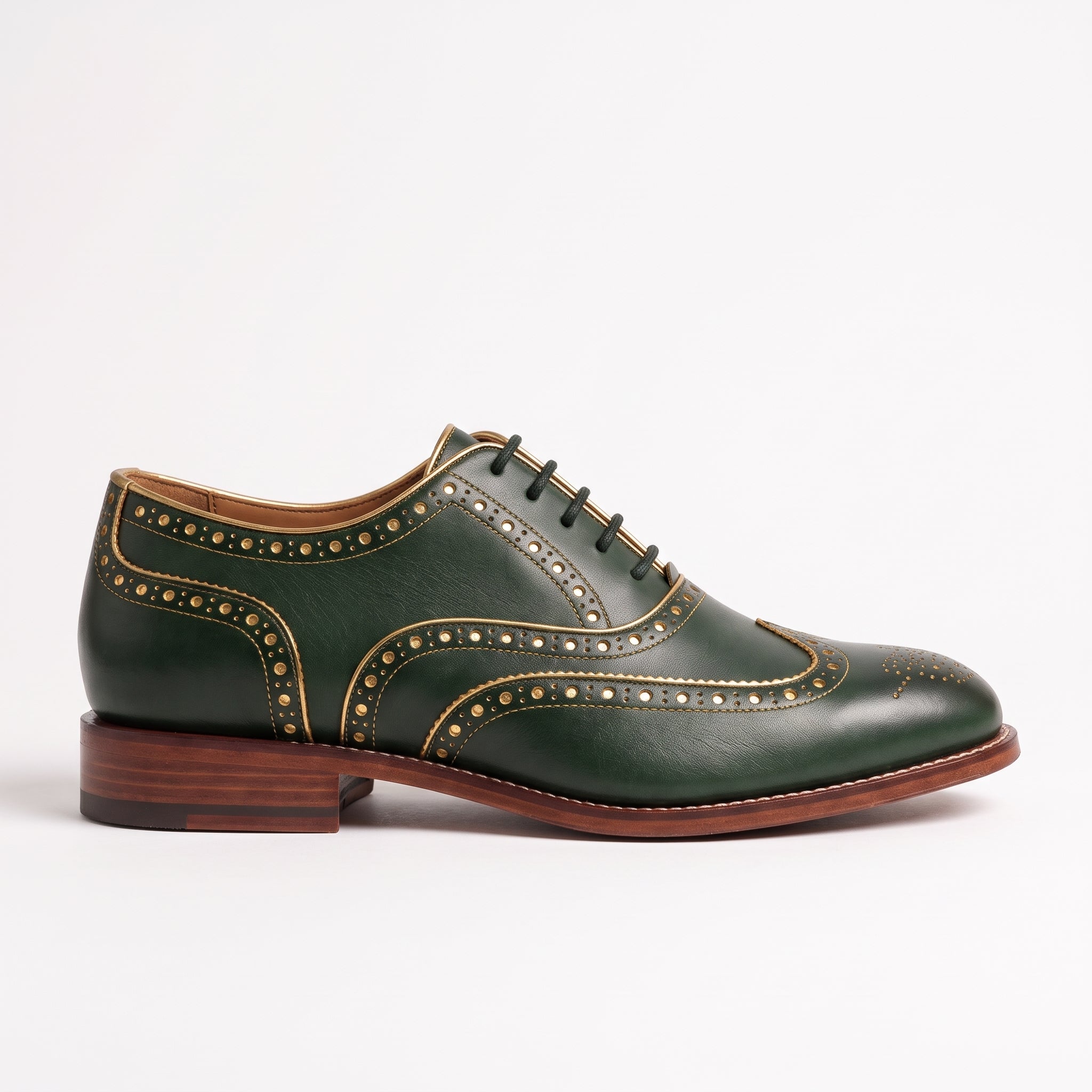 Men's Green and Gold Wingtip Leather Brogues — Actorne