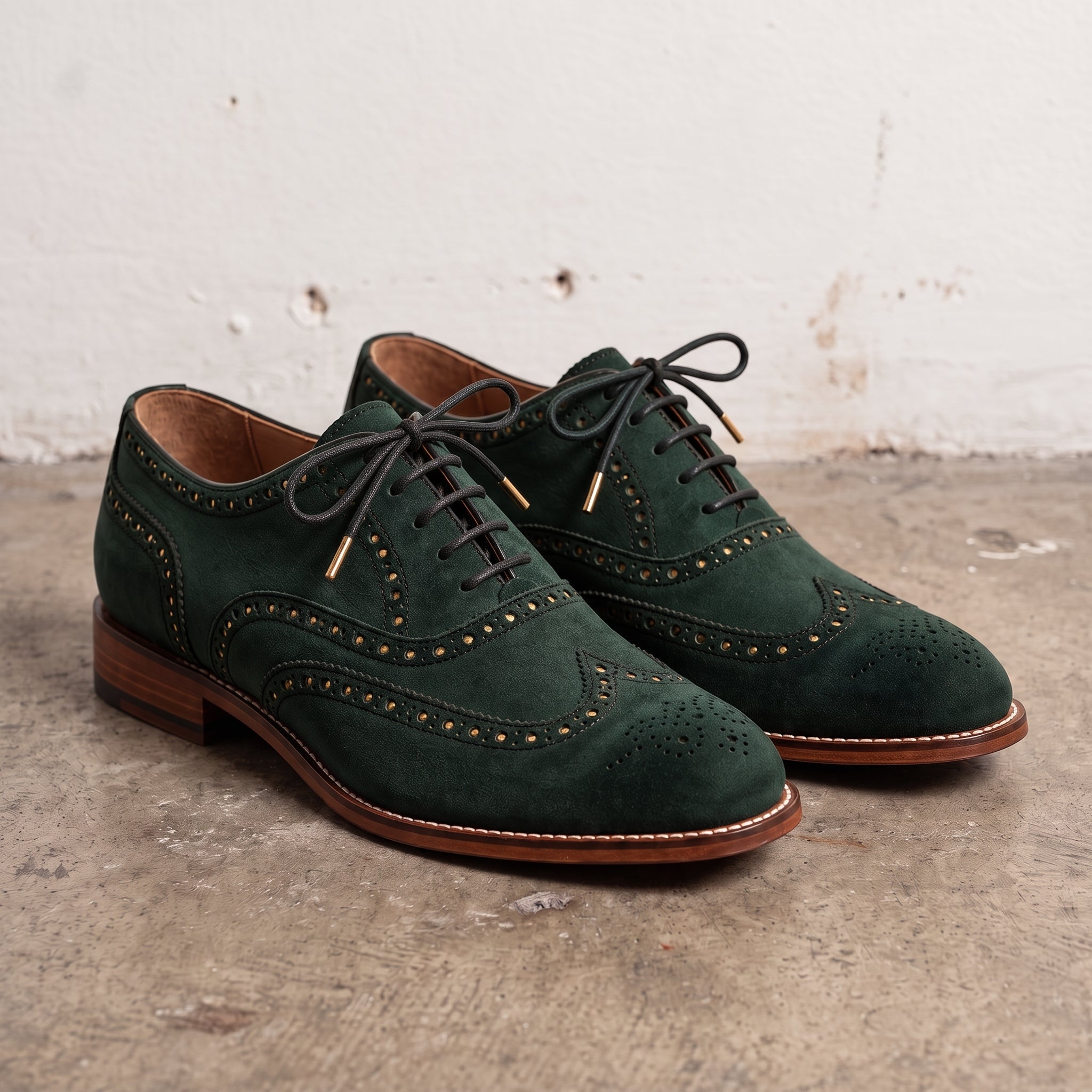 Men's Green Suede Wingtip Brogue Derby Shoes — Acliff