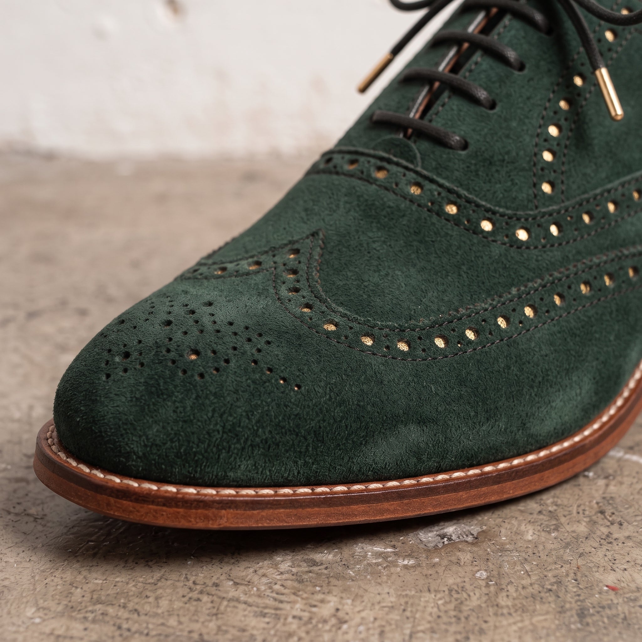 Men's Green Suede Wingtip Brogue Derby Shoes — Acliff