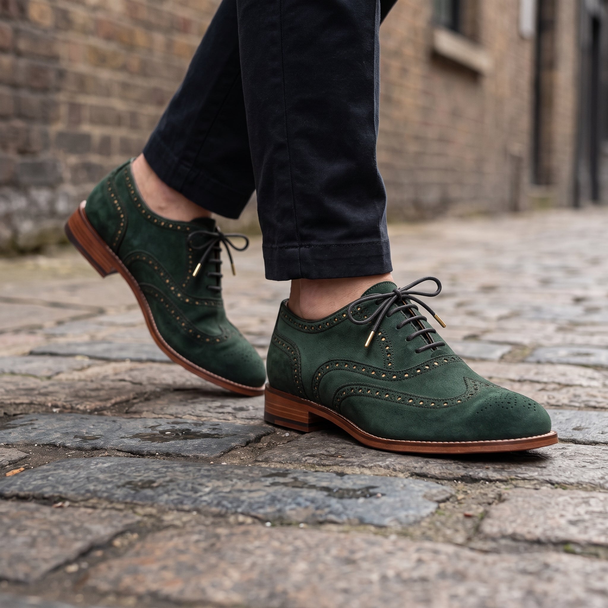 Men's Green Suede Wingtip Brogue Derby Shoes — Acliff