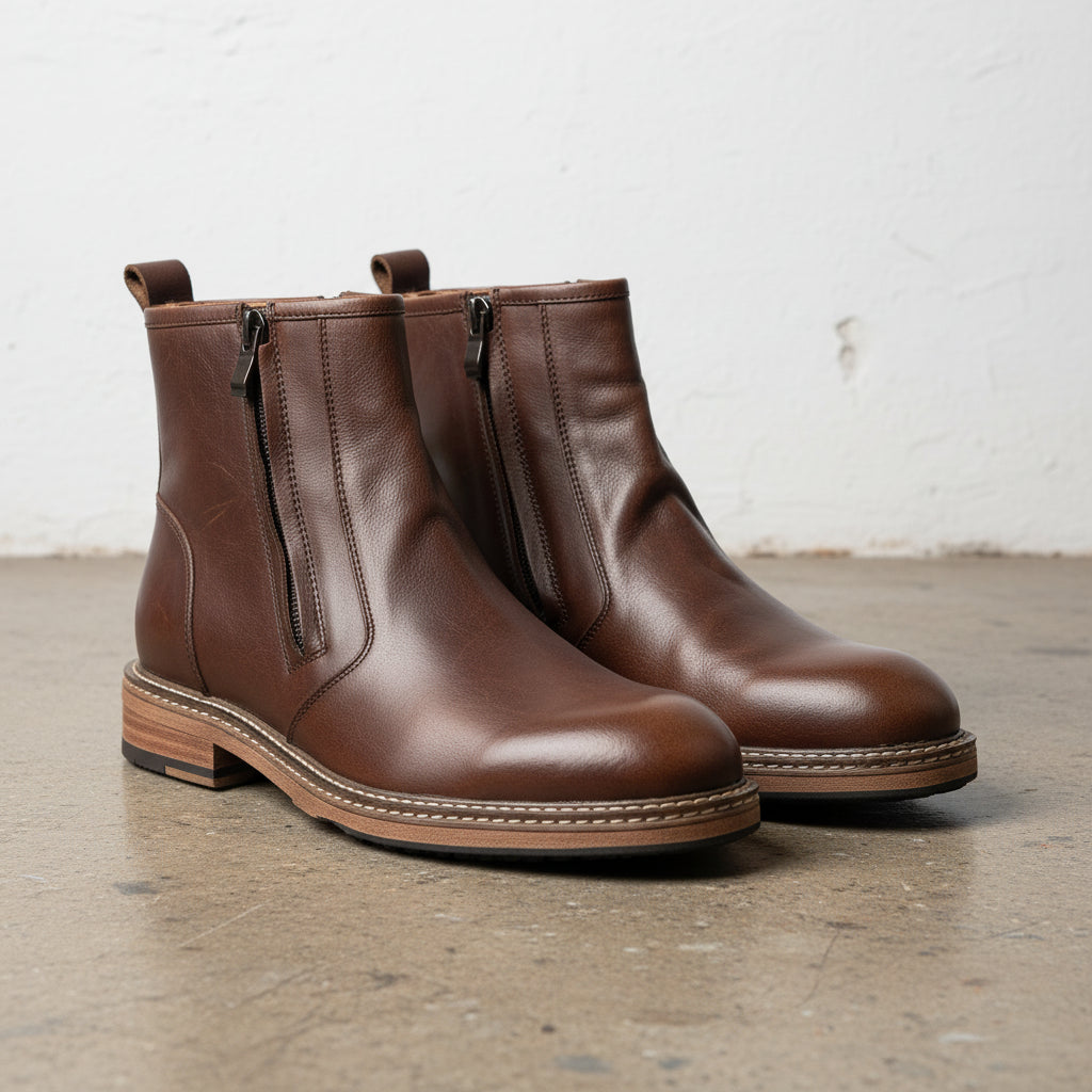 Men's Genuine Leather Ankle Boots, Premium Brown Boots for Versatile Wear - angle-view-showing-depth