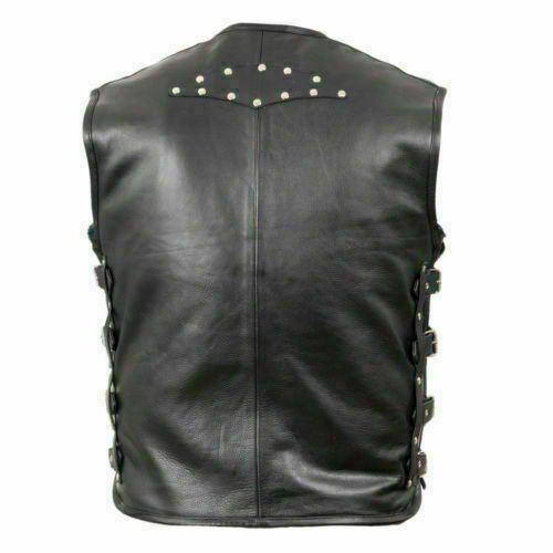 Leatherick Zwart motorvest van echt leer, gevlochten bikervest met vishaakgesp, zwart (veters), S Leatherick Zwart motorvest van echt leer, gevlochten bikervest met vishaakgesp, zwart (veters), S