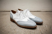 Men's Gray and White Handmade Brogue Dress Shoes - angle-view-showing-depth
