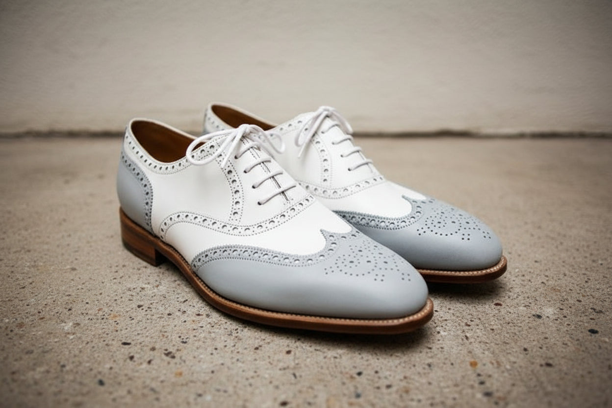 Men's Gray and White Handmade Brogue Dress Shoes - angle-view-showing-depth