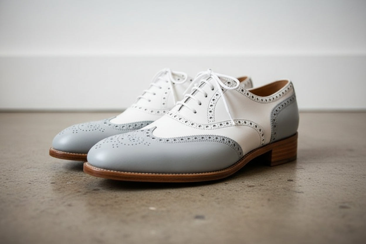 Men's Gray and White Handmade Brogue Dress Shoes - detail-view-showing-texture