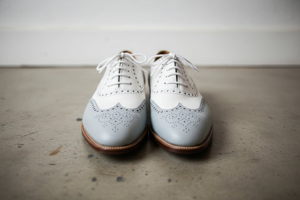 Men's Light Grey and White Wingtip Leather Spectator Oxfords Hawthor Rebels Market Men's Light Grey and White Wingtip Leather Spectator Oxfords Hawthor Rebels Market