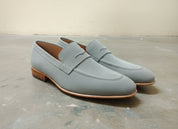 Mens Gray Color Suede Leather Shoes, Men Gray Suede Moccasins Loafer - 3-4-right-view