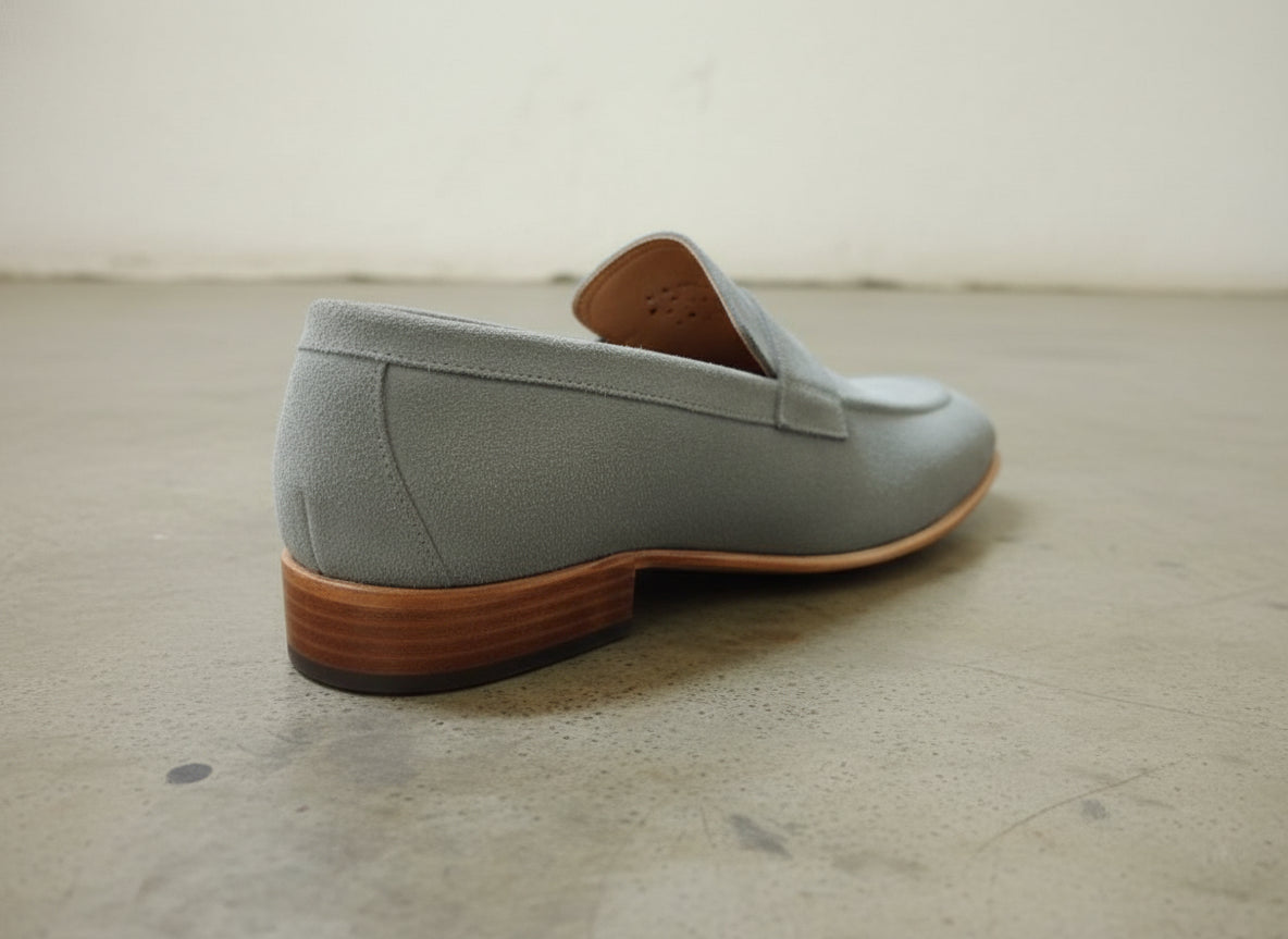 Mens Gray Color Suede Leather Shoes, Men Gray Suede Moccasins Loafer - detail-view-showing-texture