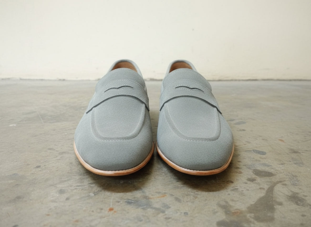 Mens Gray Color Suede Leather Shoes, Men Gray Suede Moccasins Loafer - front-view