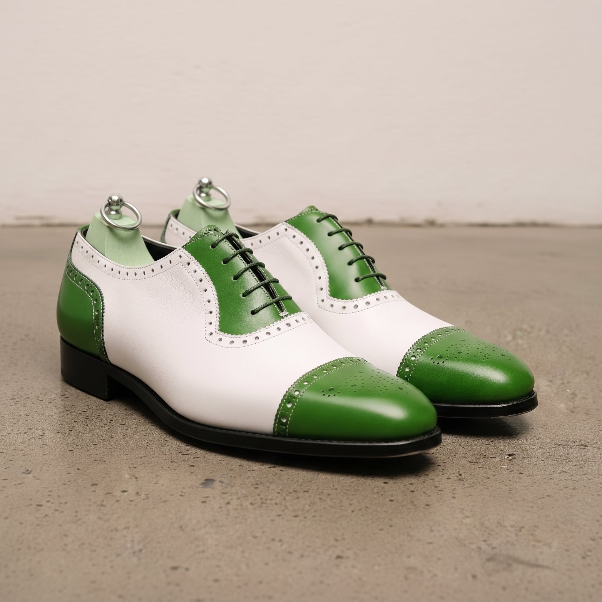 Men's Green and White Cap-Toe Leather Spectator Oxfords — Elwick