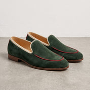 Men's Green Apron-Toe Suede Loafers With Burgundy Heel Accents— Acomb