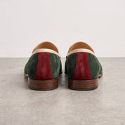 Men's Green Apron-Toe Suede Loafers With Burgundy Heel Accents— Acomb