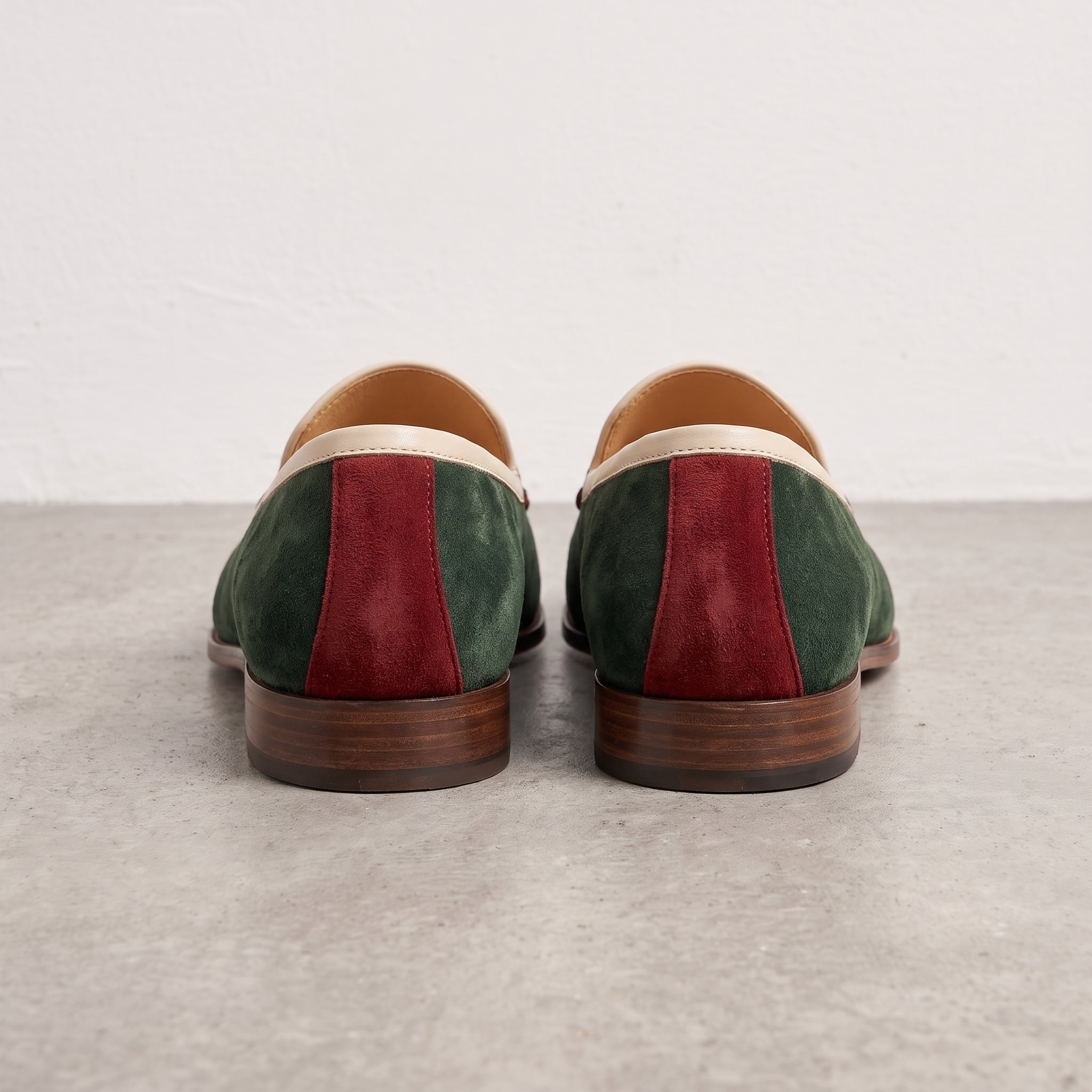 Men's Green Apron-Toe Suede Loafers With Burgundy Heel Accents— Acomb