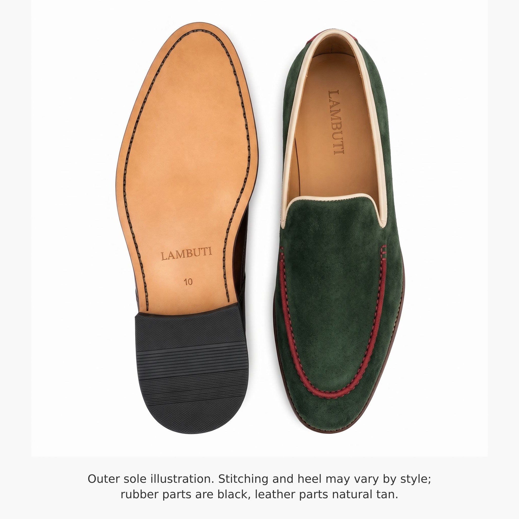 Men's Green Apron-Toe Suede Loafers With Burgundy Heel Accents— Acomb