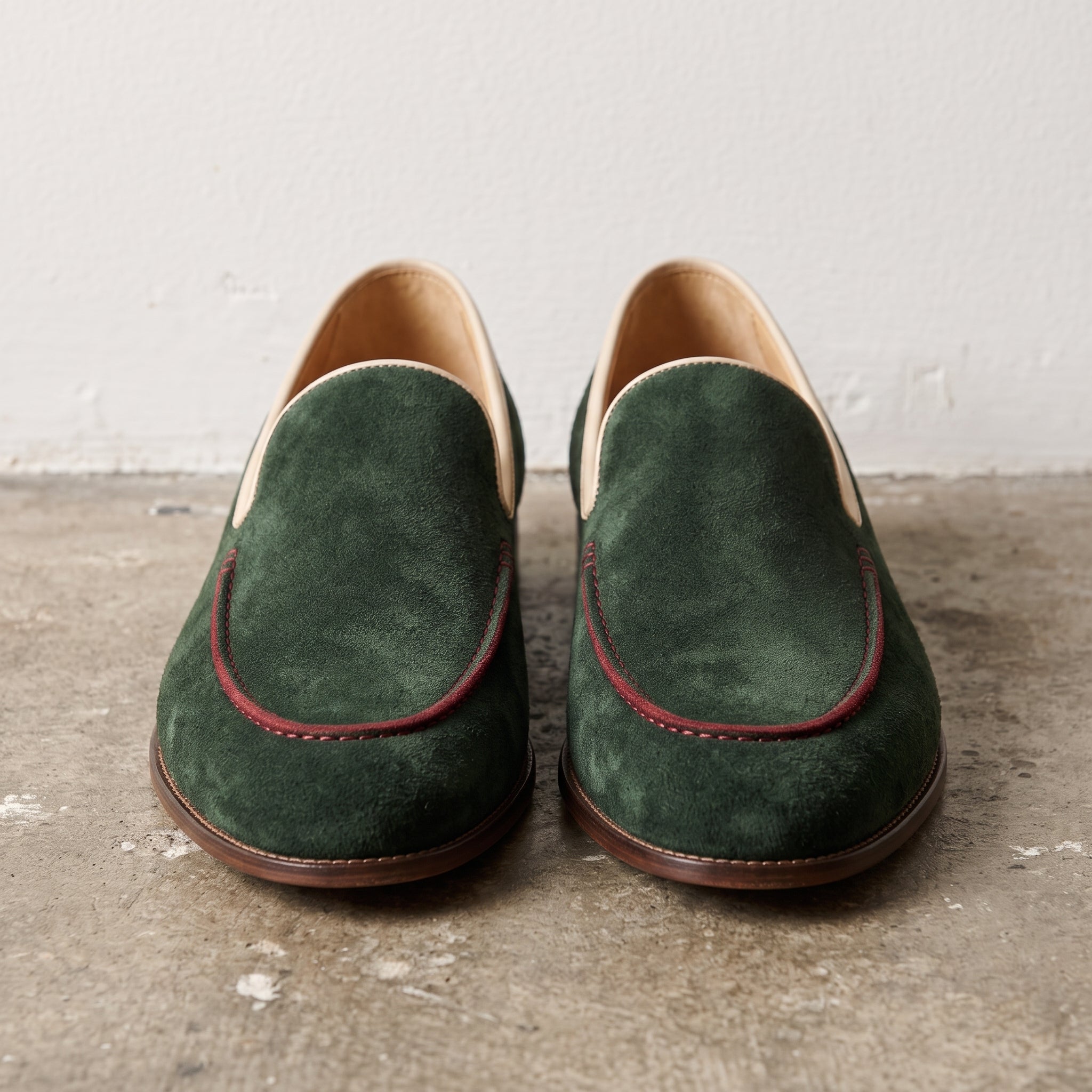 Men's Green Apron-Toe Suede Loafers With Burgundy Heel Accents— Acomb