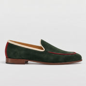 Men's Green Apron-Toe Suede Loafers With Burgundy Heel Accents— Acomb