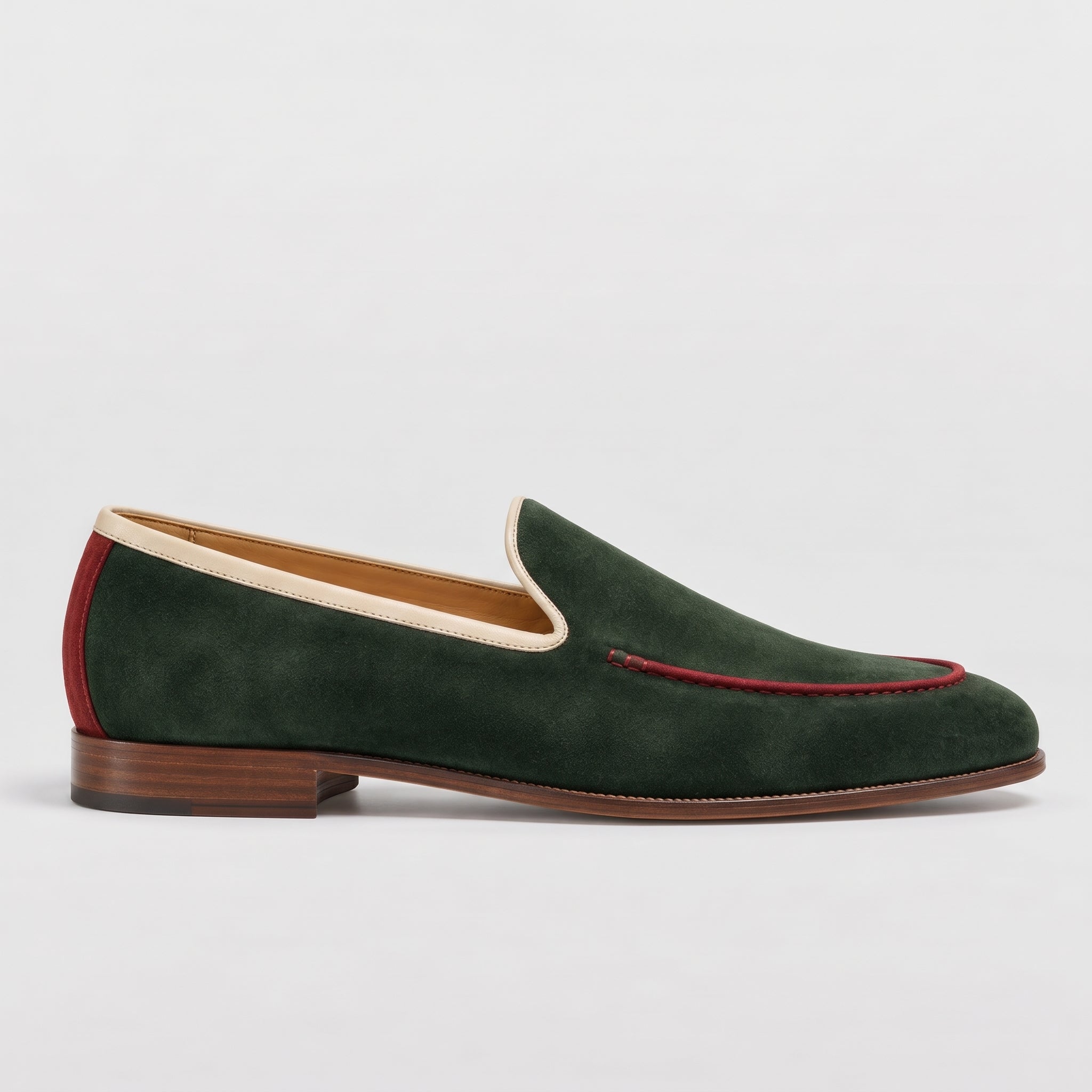 Men's Green Apron-Toe Suede Loafers With Burgundy Heel Accents— Acomb