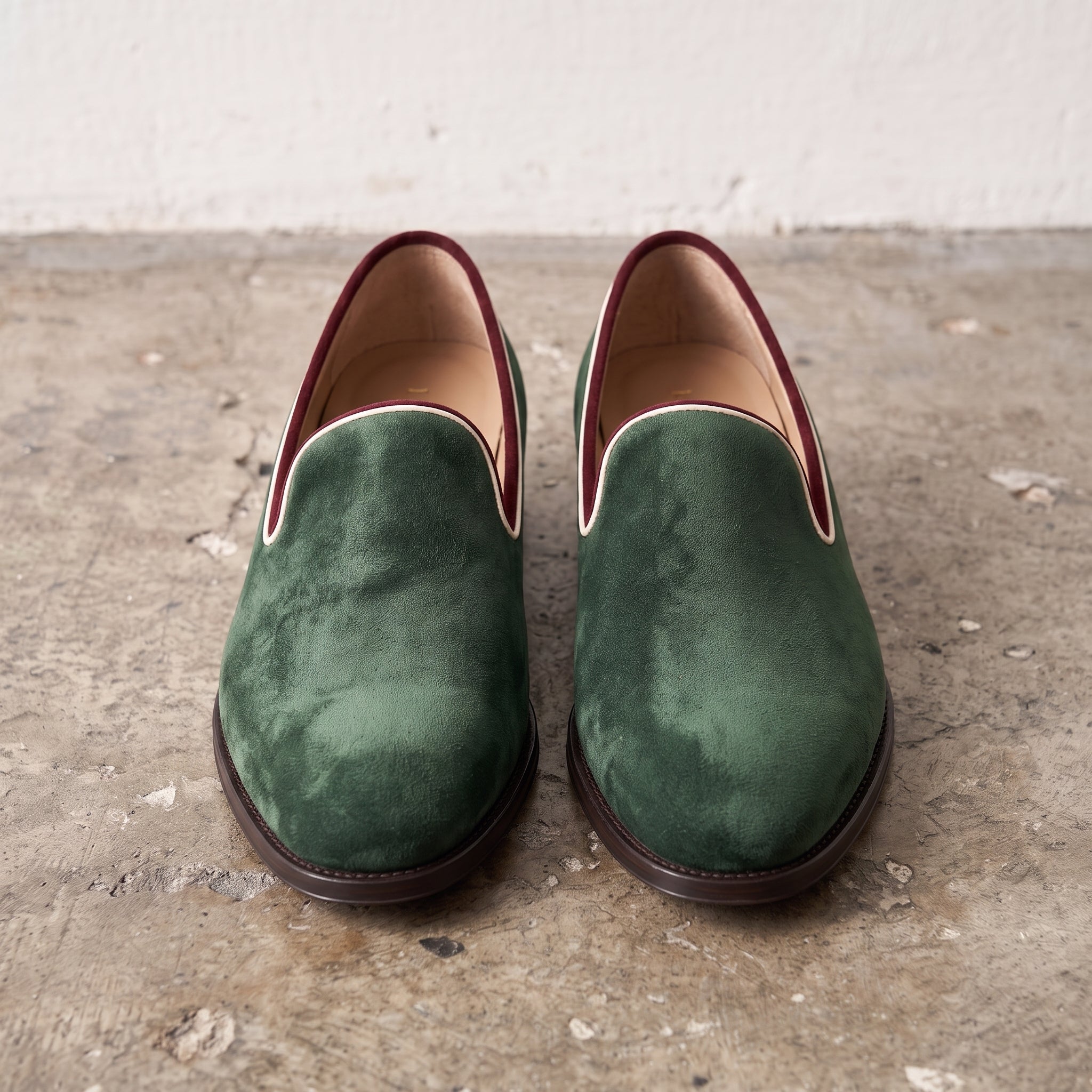 Men's Green Suede Loafers with Burgundy and White Trim— Abbeyton