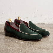 Men's Green Suede Loafers With Burgundy Piping— Acroyd