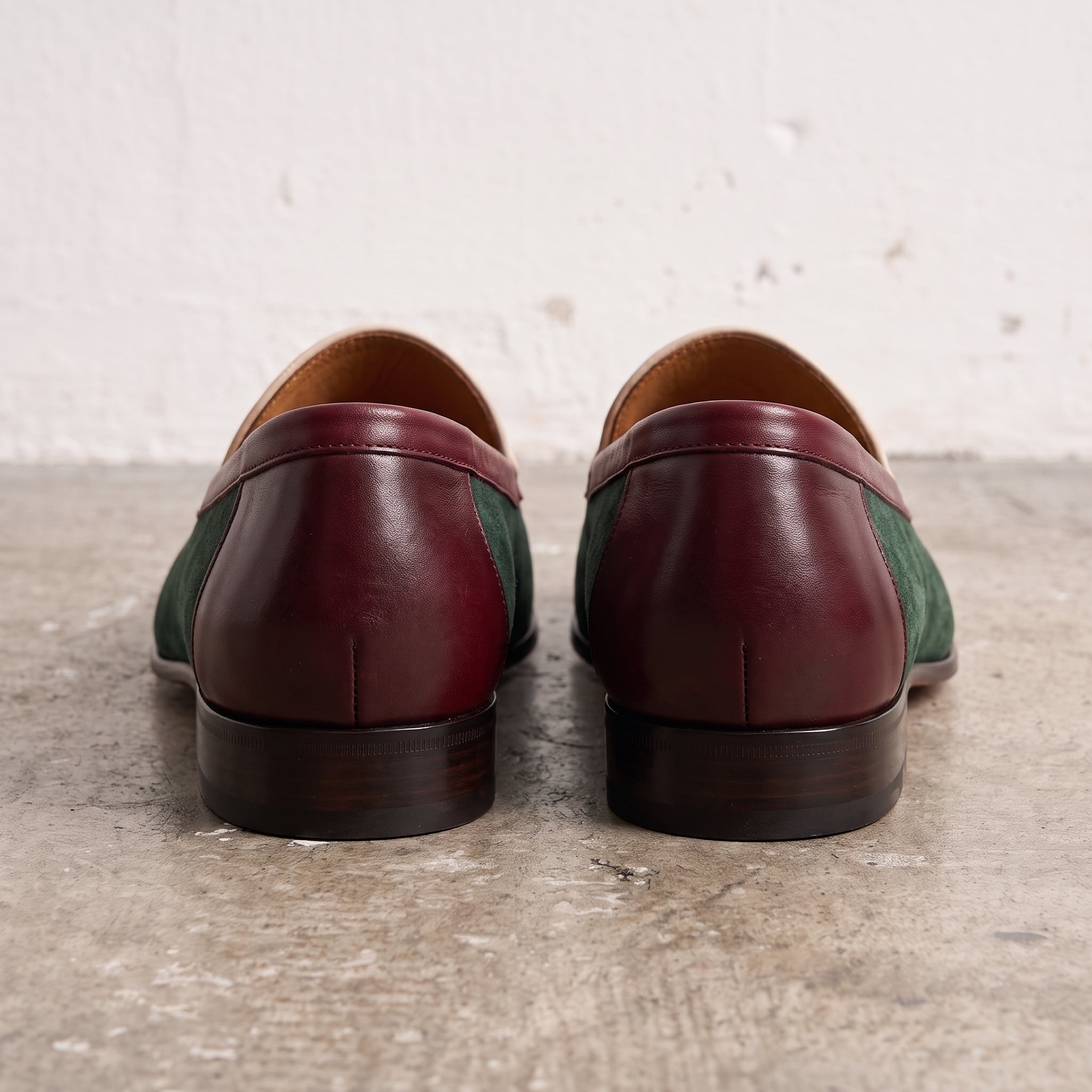 Men's Green Suede Loafers With Burgundy Piping— Acroyd