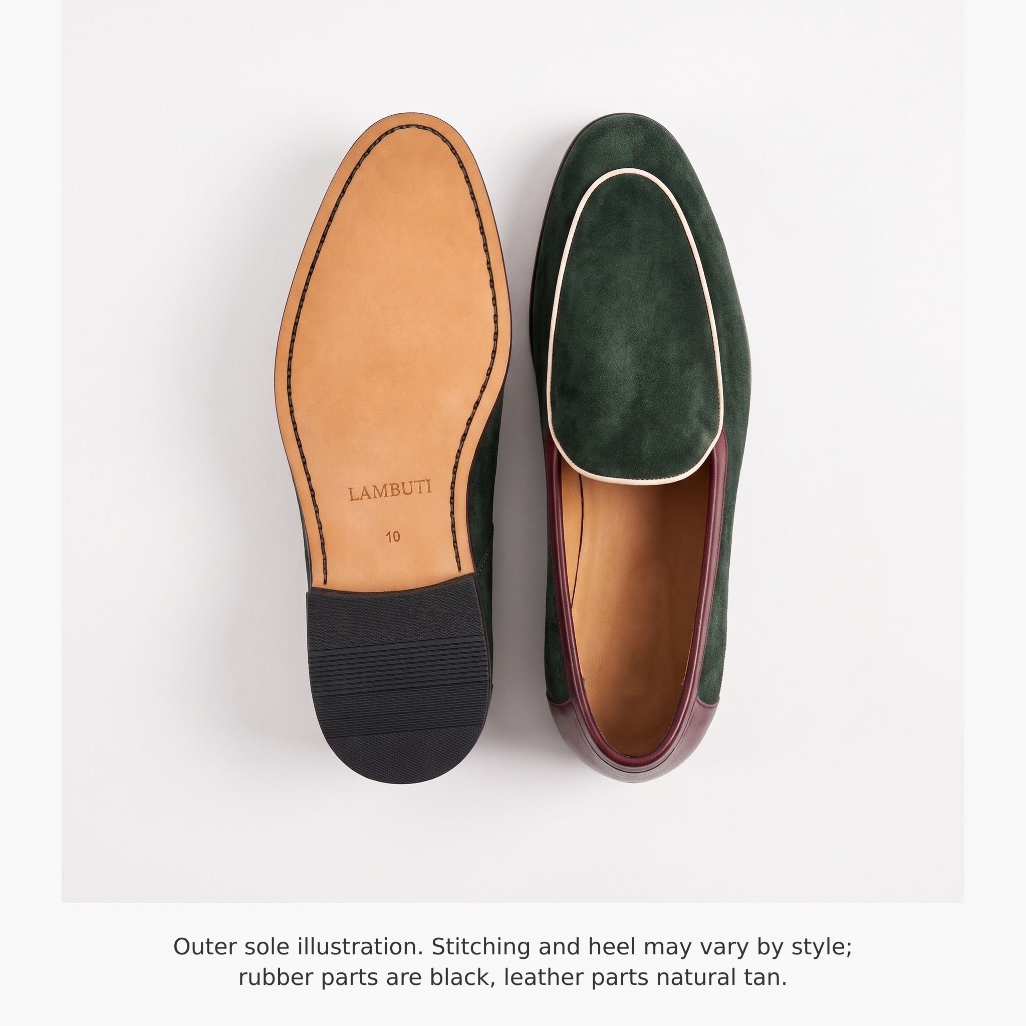 Men's Green Suede Loafers With Burgundy Piping— Acroyd