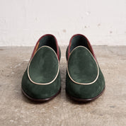 Men's Green Suede Loafers With Burgundy Piping— Acroyd