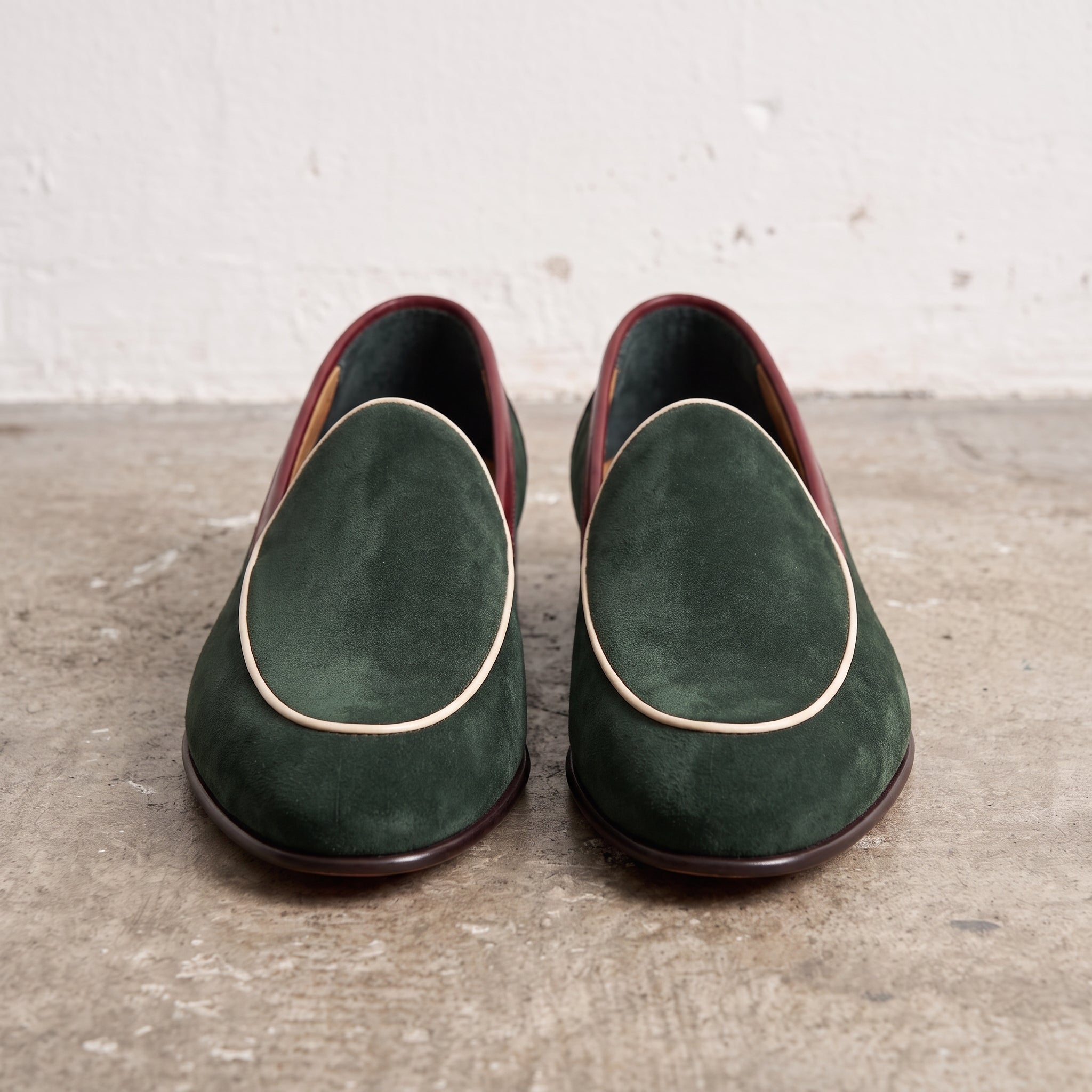 Men's Green Suede Loafers With Burgundy Piping— Acroyd