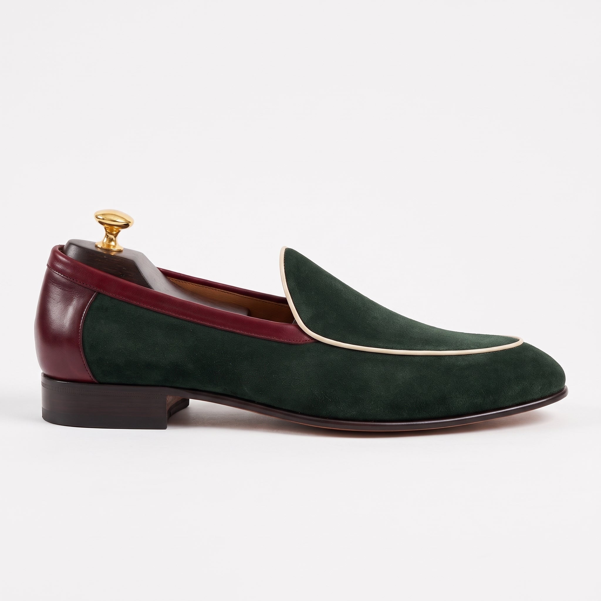 Men's Green Suede Loafers With Burgundy Piping— Acroyd